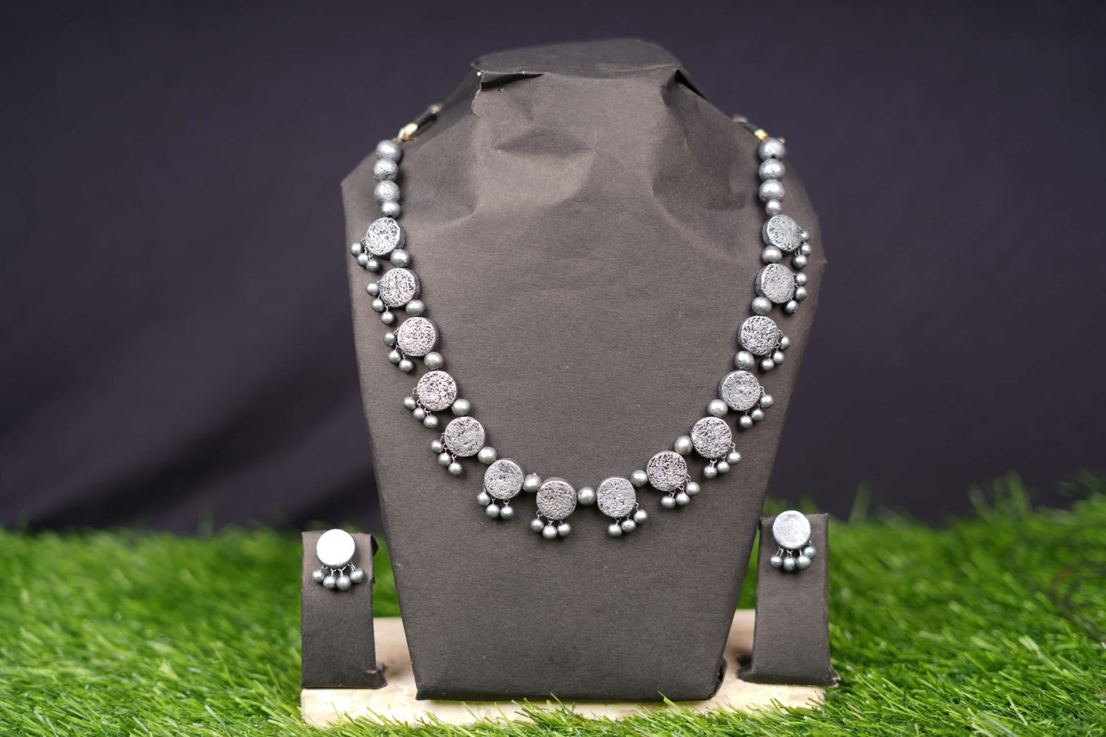 Handcrafted Silver-Toned Clay Necklace & Earring Set.