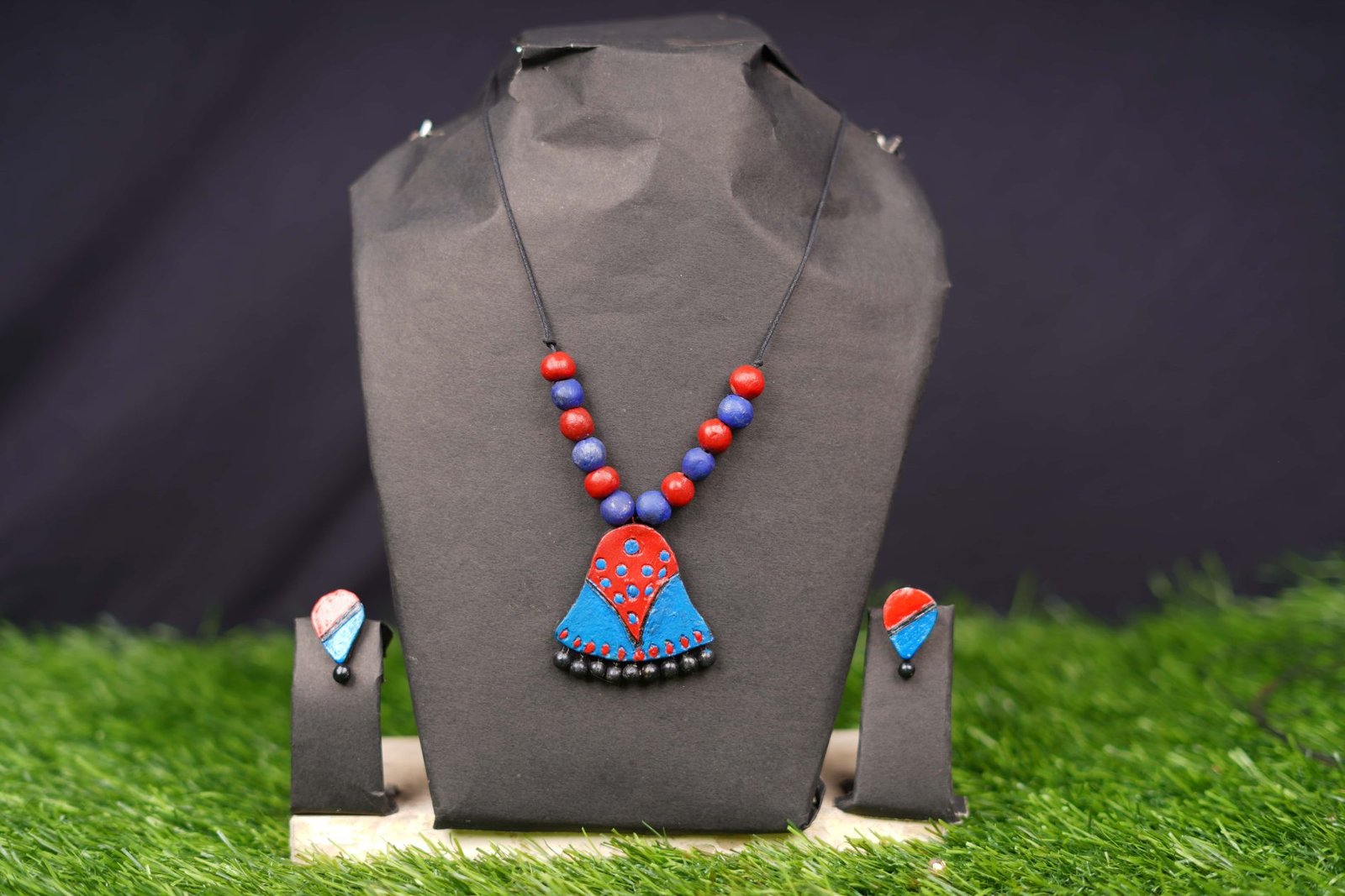 Red & Blue Terracotta Bell Pendant Necklace Set