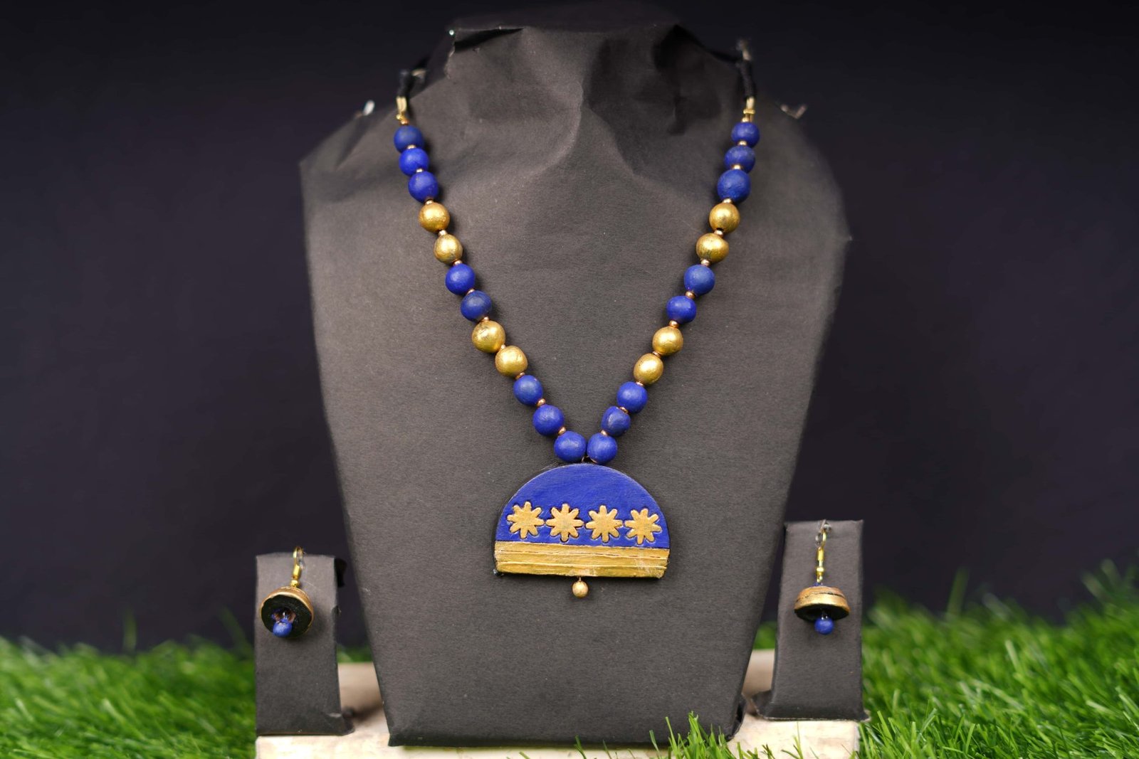 Blue & Gold Half-Moon Terracotta Necklace Set
