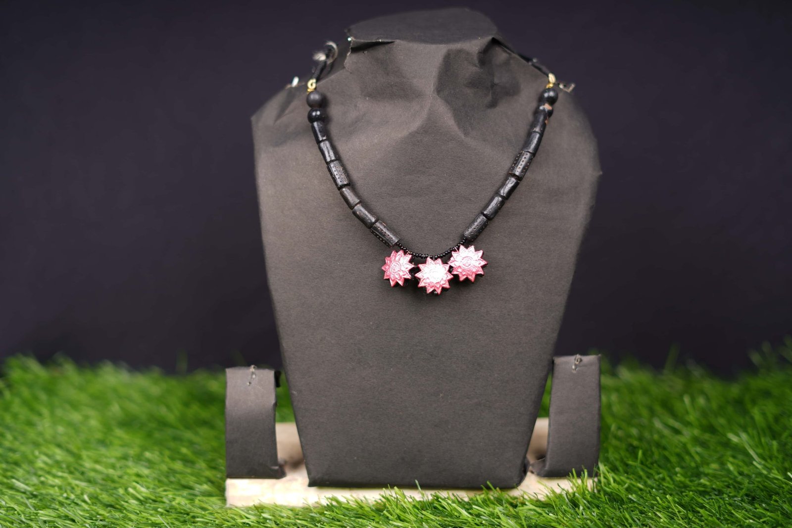 Handcrafted Black Bead Necklace with Pink Floral Charms