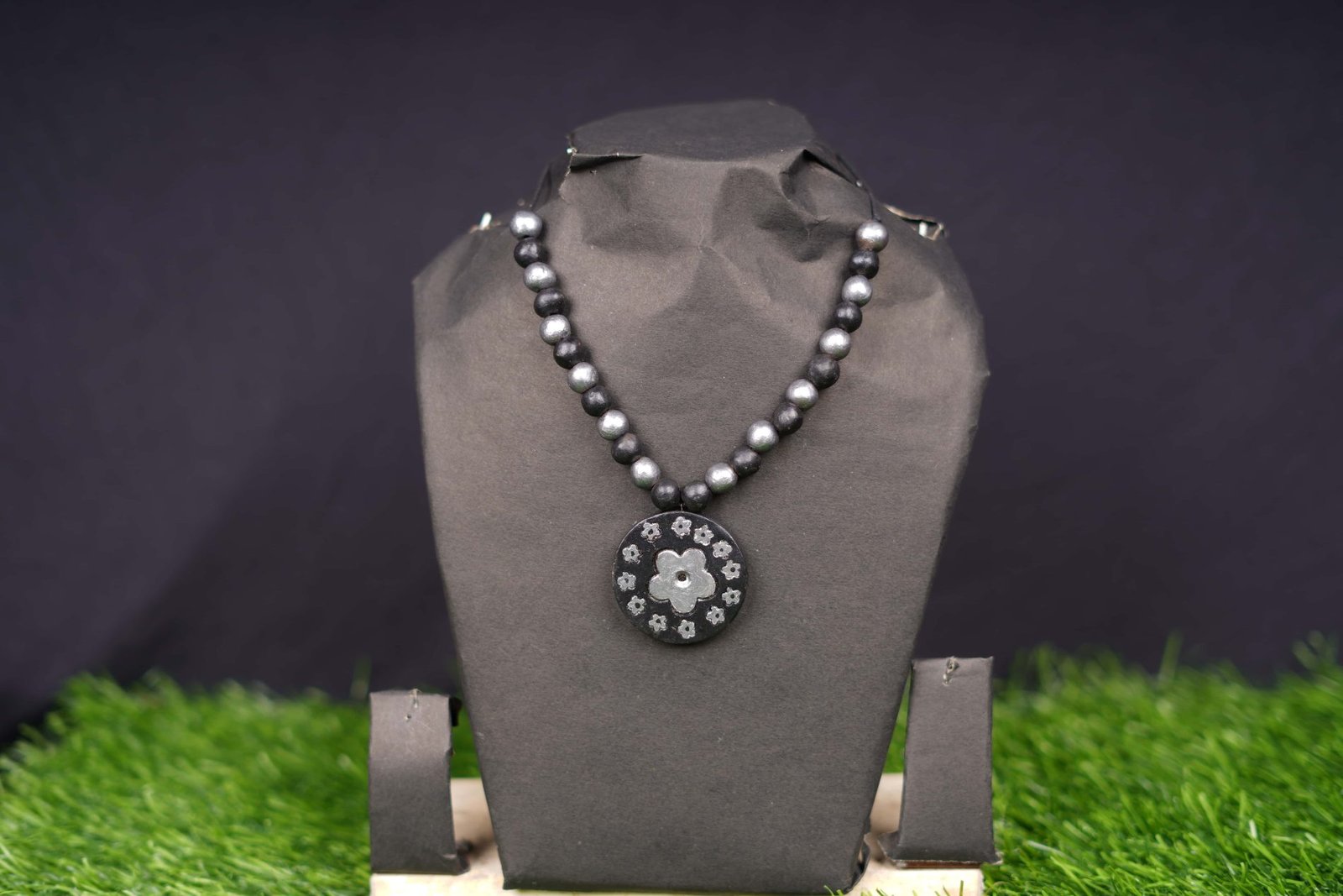 Handcrafted Black & Silver Bead Pendant Necklace